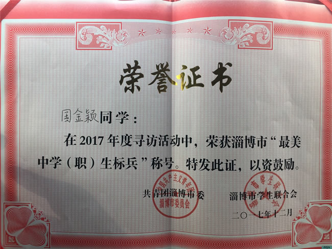 我校國金穎同學榮獲2017淄博市”最美中學生標兵”榮譽稱號